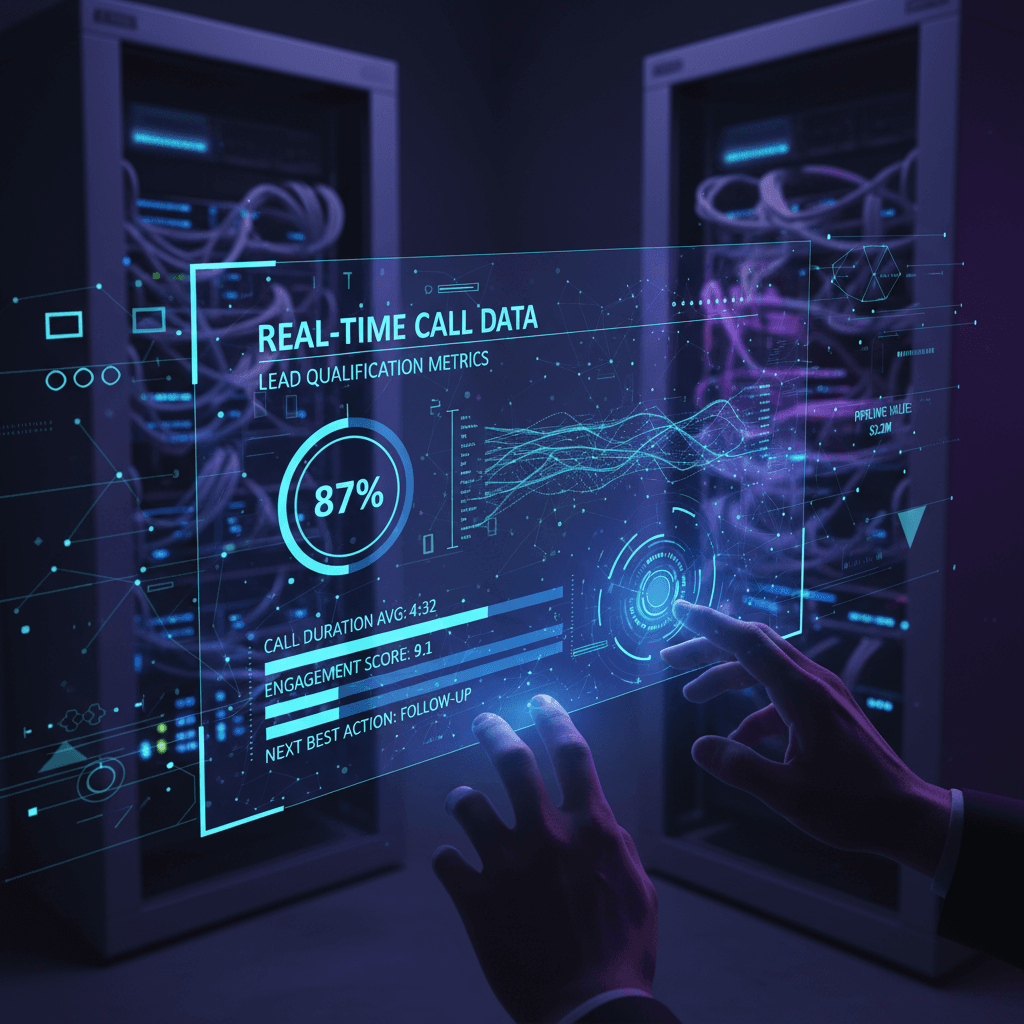 Real-time AI call data and lead qualification interface with holographic design elements