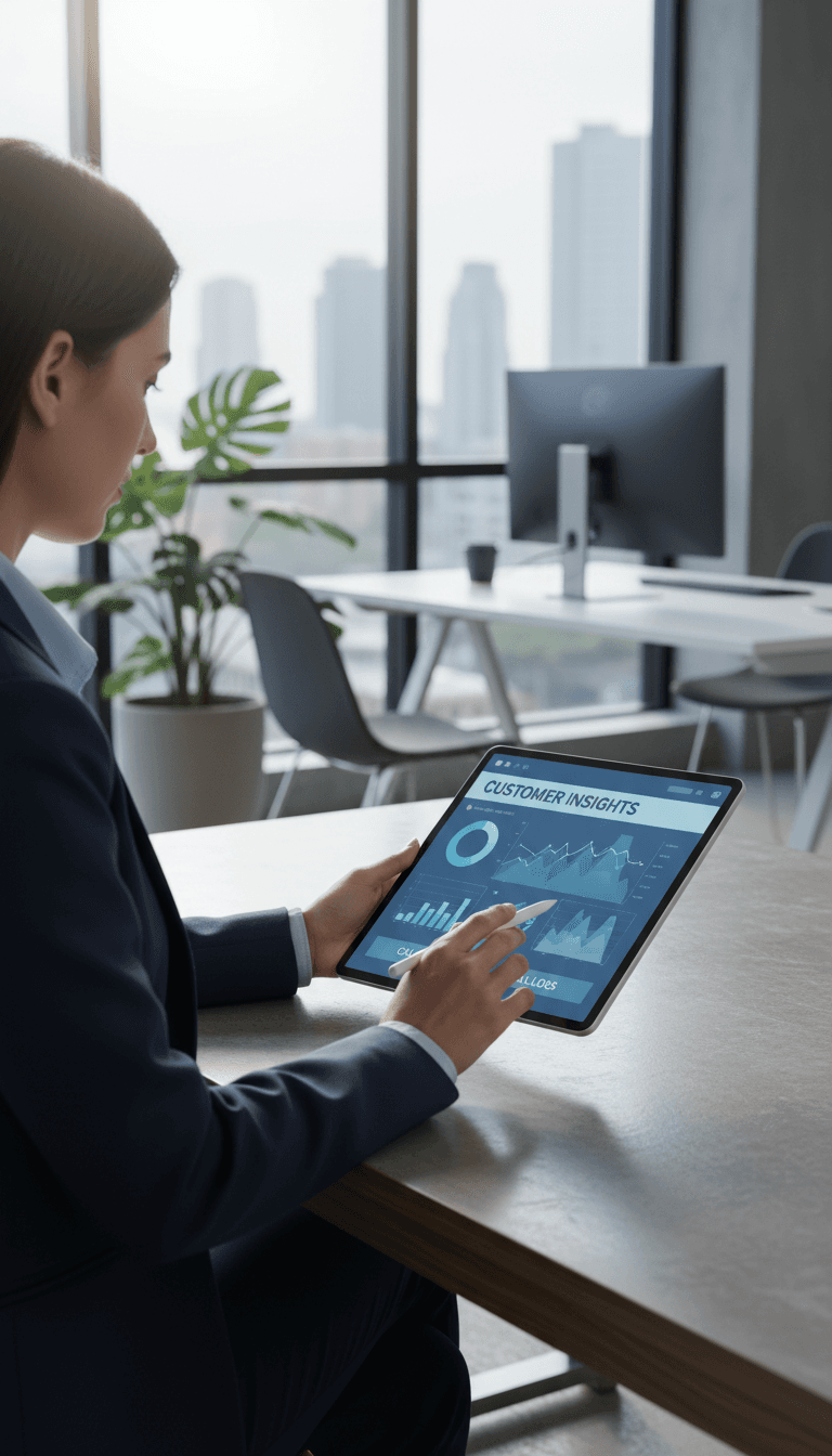 Business owner reviewing automated call and lead data on tablet