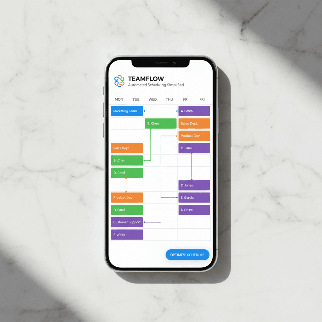 Overhead view of smartphone displaying color-coded team calendar and staff scheduling interface on minimalist marble surface