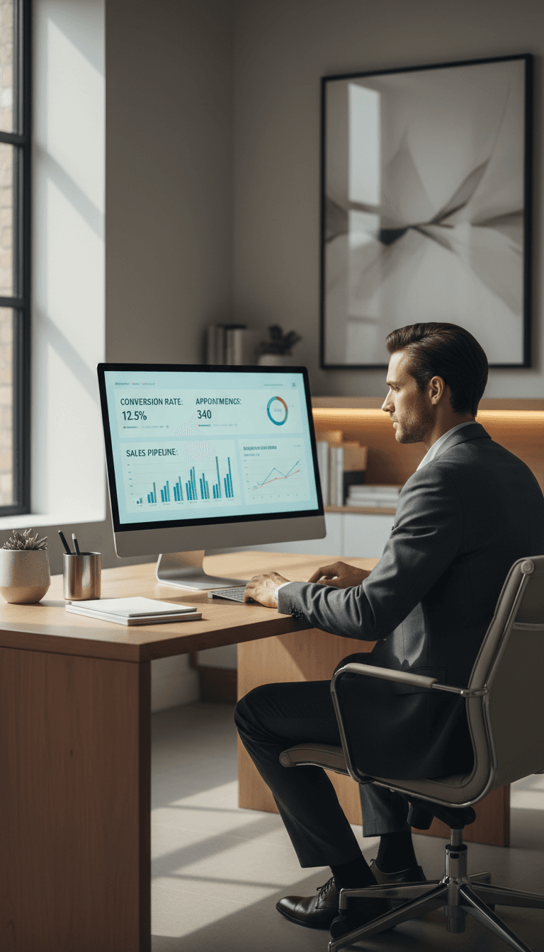 Business professional reviewing automated lead and appointment metrics on CRM dashboard