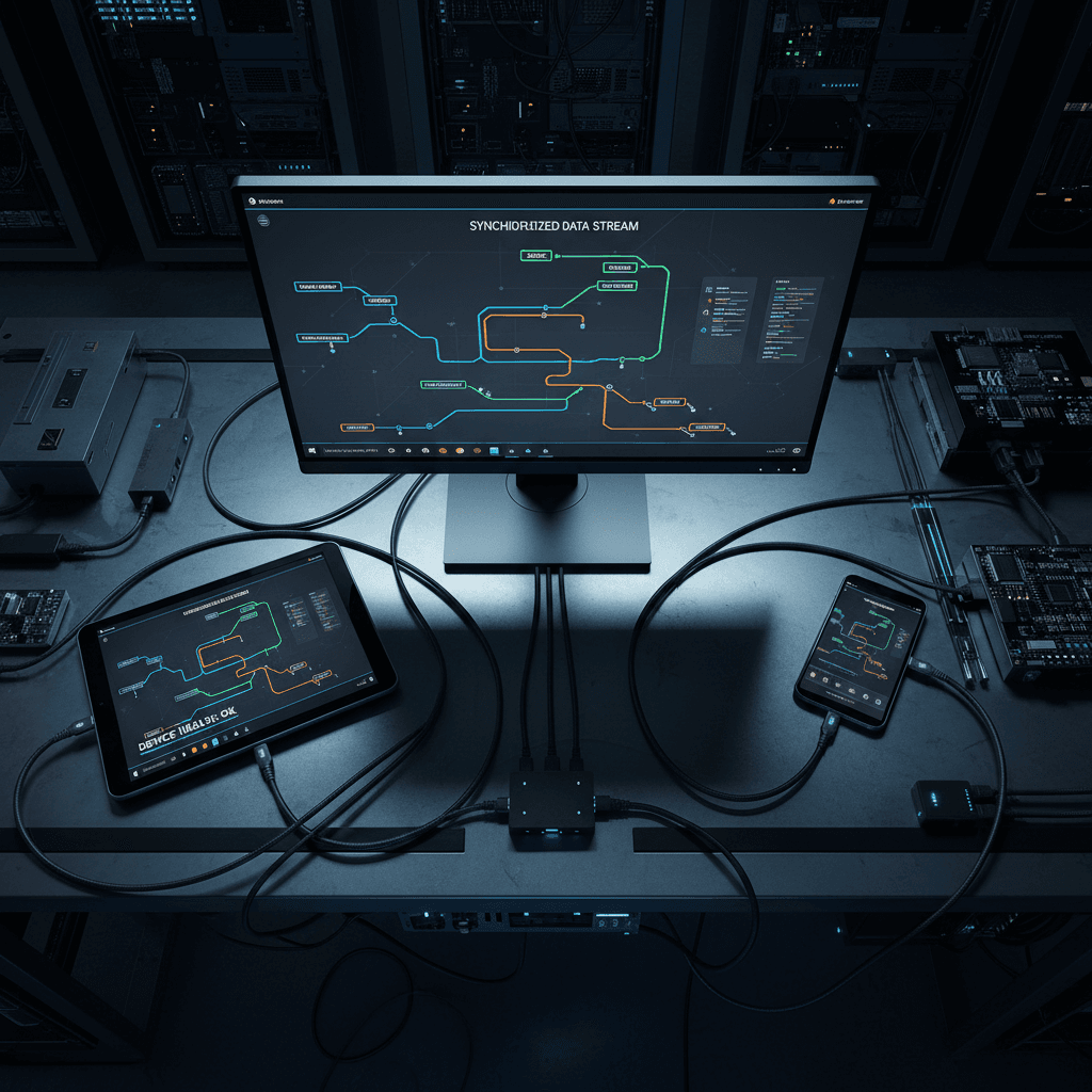 Multiple devices showing synchronized data integration