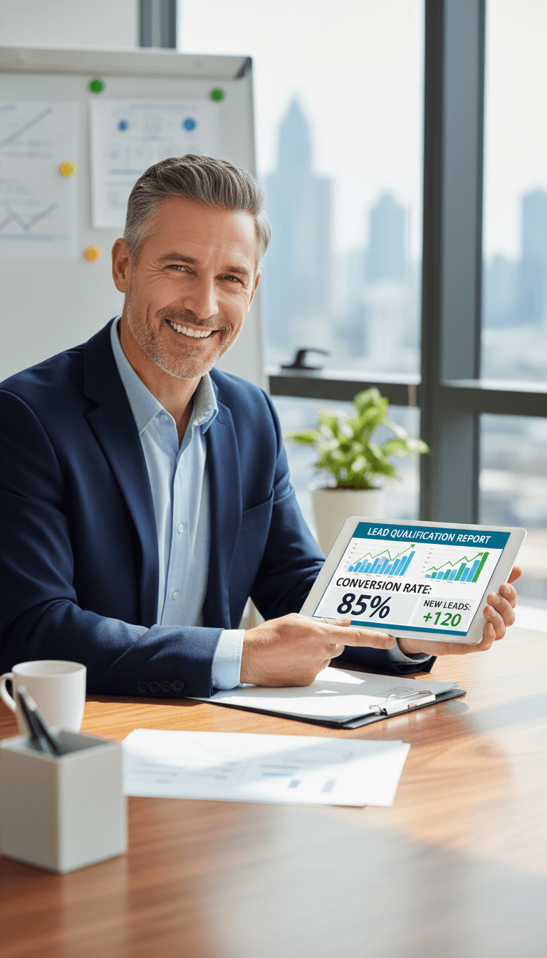 Business owner reviewing automated lead results