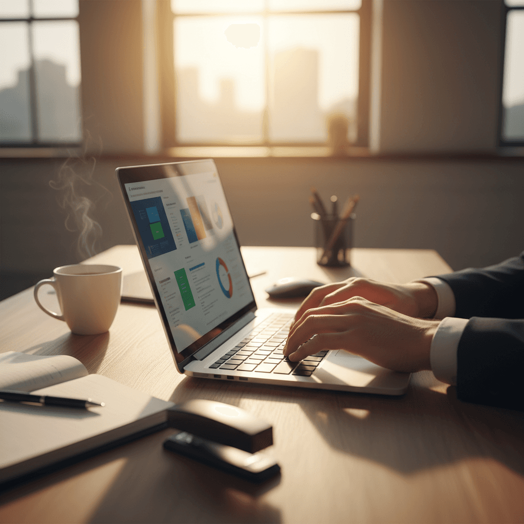 Business owner using CRM automation software on laptop