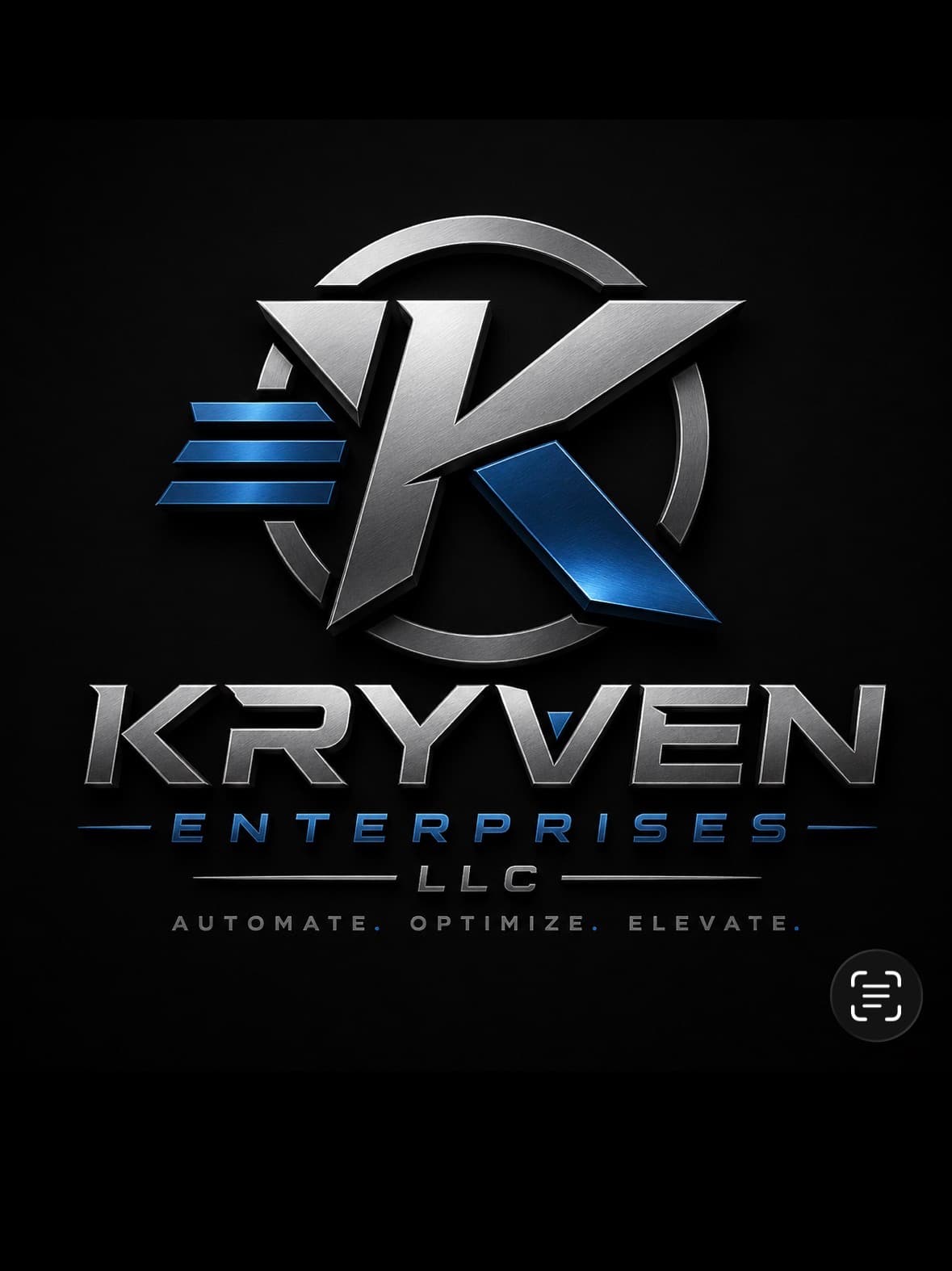 Metallic silver and blue Kryven Enterprises LLC logo with a stylized K and tagline.